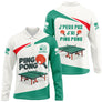 T-shirt ping pong femme col rond vert et blanc avec raquette rouge et logo pongiste circulaire