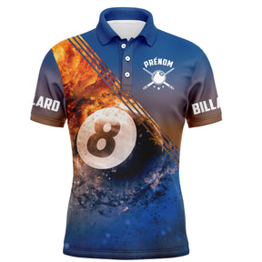 Polo billard bleu homme avec boule 8 dans un tourbillon d'eau et de feu et inscription BILLARD, prénom personnalisé