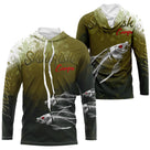 T-shirt anti UV à capuche pêche carpe skelefish, squelette de cyprin blanc graphique sur fond vert mousse, prénom brodé