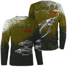 T-shirt manches longues pêche carpe skelefish, squelette blanc graphique sur vert mousse, prénom brodé