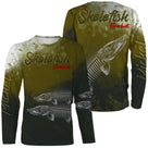T-shirt manches longues pêche brochet skelefish, squelette blanc graphique sur vert mousse, prénom brodé