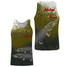 T-shirt halieutique pêche brochet skelefish, coupe technique respirante, design squelette blanc, personnalisable prénom