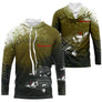 T-shirt anti UV à capuche pêche saumon skelefish, squelette de salmonidé blanc graphique sur fond vert mousse, prénom brodé