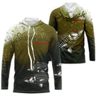 T-shirt anti UV à capuche pêche saumon skelefish, squelette de salmonidé blanc graphique sur fond vert mousse, prénom brodé