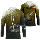T-shirt anti UV à capuche pêche truite skelefish, squelette de salmonidé blanc graphique sur fond vert mousse, prénom brodé