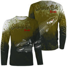 T-shirt manches longues pêche truite skelefish, squelette blanc graphique sur vert mousse, prénom brodé