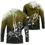 T-shirt anti UV à capuche pêche silure skelefish, squelette de catfish blanc graphique sur fond vert mousse, prénom brodé