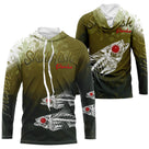 T-shirt anti UV à capuche pêche perche skelefish, squelette de carnassier blanc avec œil rouge sur fond vert mousse, prénom