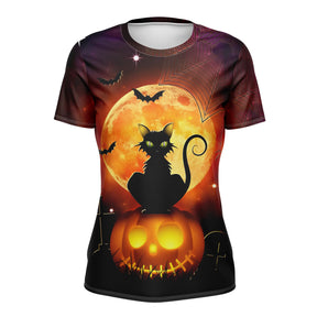 T-shirt Halloween orange et violet unisexe avec chat noir sur citrouille devant lune et chauves-souris