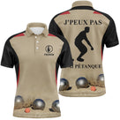 Polo pétanque personnalisé beige noir avec silhouette bouliste et lettrage J'peux pas j'ai pétanque, prénom imprimé