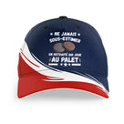 Casquette palet humour retraité bleu marine visière rouge tricolore message ne jamais sous-estimer face
