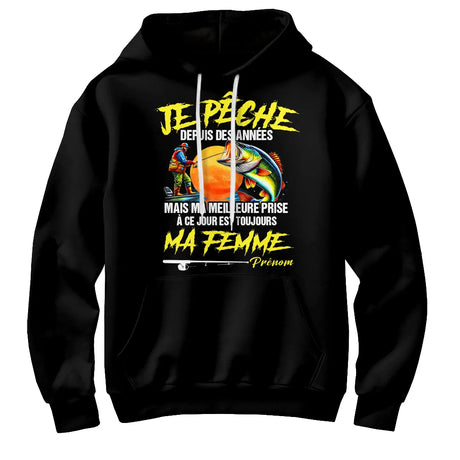 Sweat à capuche pêcheur humour gris chiné avec slogan meilleure prise et poisson multicolore