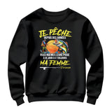 Sweat-shirt pêcheur humour noir avec design poisson stylisé et inscription humoristique mariage