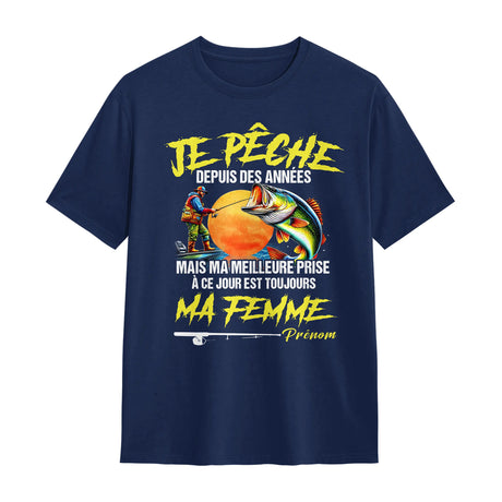 🎣 Titre : T-shirt Pêcheur Humoristique – « Je pêche depuis des années, mais ma meilleure prise reste ma femme » - A30122403 - Tshirt marine