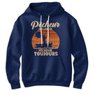 Sweat à capuche pêcheur vintage bleu marine avec design soleil orange et silhouette pêcheur