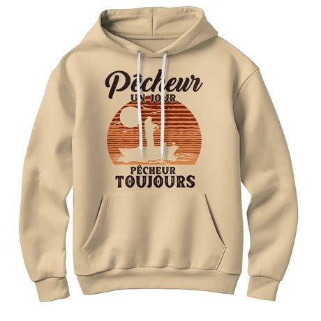 Sweat à capuche pêcheur vintage beige naturel avec slogan Pêcheur Un Jour Toujours rétro