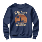 Sweat-shirt pêcheur vintage bleu marine avec design soleil couchant et silhouette pêcheur en barque