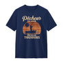 T-shirt pêcheur vintage bleu marine avec design soleil orange couchant et silhouette pêcheur barque