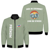Sweat capuche zippé pétanque vert sapin avec slogan Près du Cochonnet et personnalisation prénom