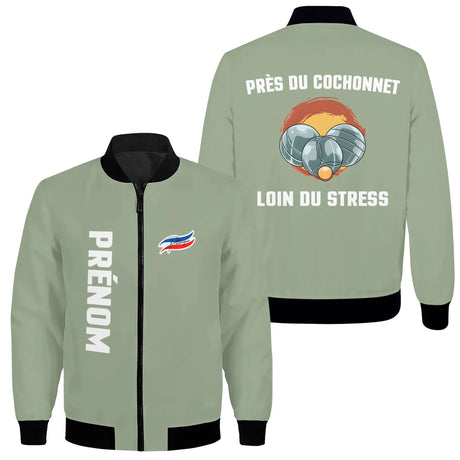 Sweat capuche zippé pétanque vert sapin avec slogan Près du Cochonnet et personnalisation prénom