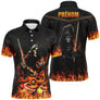 Polo billard noir homme avec faucheuse jouant au billard et flammes oranges, prénom personnalisé