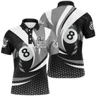 Polo billard noir et blanc homme avec boule 8 élégante centrée et motifs hexagonaux, prénom personnalisé