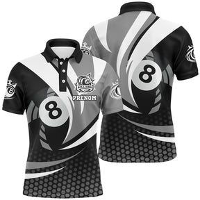 Polo billard noir et blanc homme avec boule 8 élégante centrée et motifs hexagonaux, prénom personnalisé