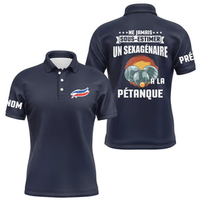 Polo pétanque variante design bouliste soixantaine coupe ajustée sexagénaire personnalisable