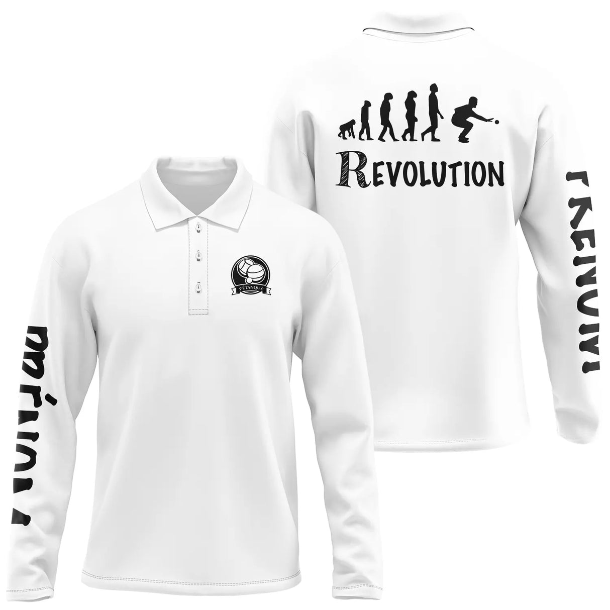 Polo pétanque homme manches longues design Révolution évolution joueur préhistorique moderne