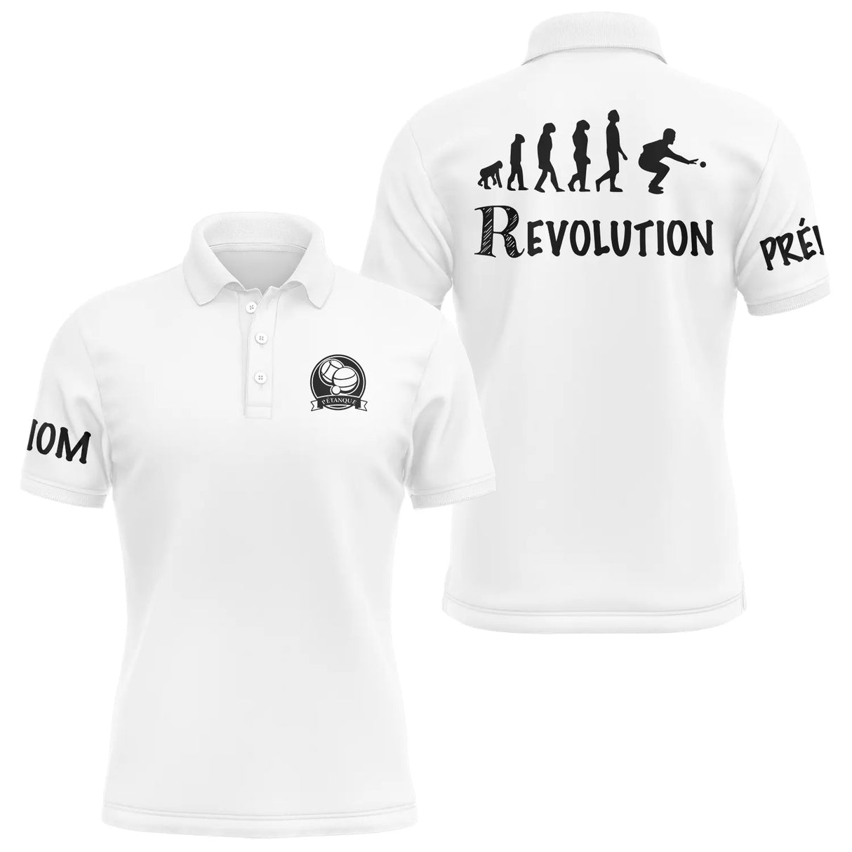 Polo pétanque homme bleu marine détail évolution joueur préhistorique au bouliste actuel