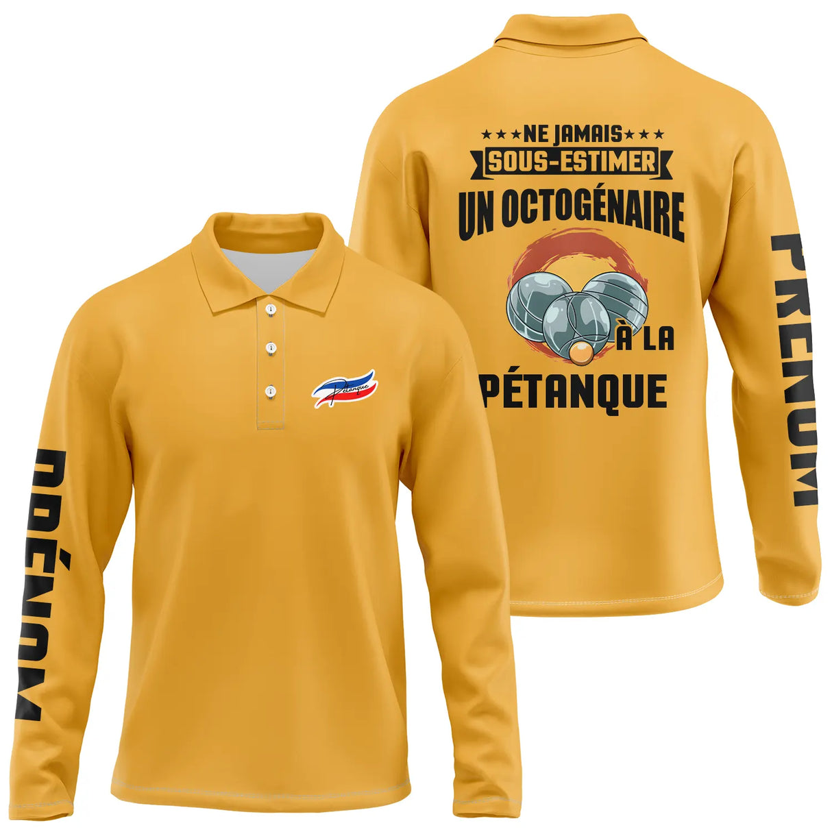 Polo Pétanque Personnalisé Homme - "Ne Jamais Sous-Estimer un Octogénaire" - Style Sportif et Humoristique - Polo à manches longues - Jaune