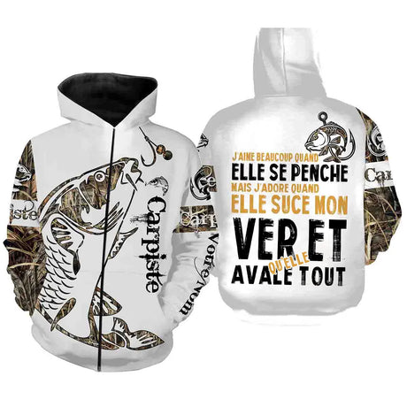 Carpiste, Cadeau Humour Pêcheur, Pêche De La Carpe, J'aime Beaucoup Quand Elle Se Penche, Tatouage, Personnaliser - VEPECA004 - Sweat à capuche zippé