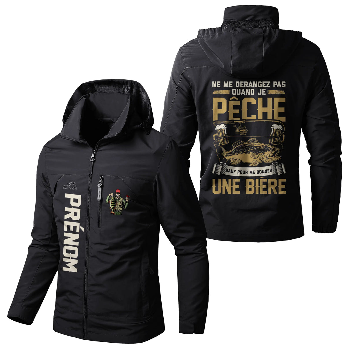 Veste pêche noire à capuche avec slogan Ne me dérangez pas sauf pour me donner une bière, prénom personnalisé