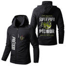 Veste pêche noire à capuche avec slogan Pas facile super papa et pêcheur, brochet, prénom personnalisé