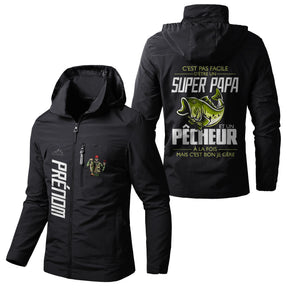 Veste pêche noire à capuche avec slogan Pas facile super papa et pêcheur, brochet, prénom personnalisé