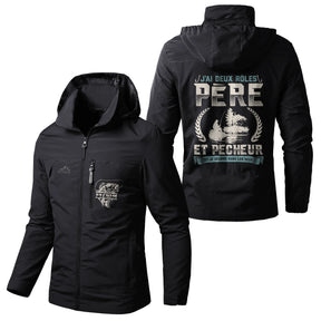 Veste pêche noire à capuche avec slogan J'ai deux rôles père et pêcheur déchire, prénom personnalisé