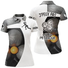 Polo pétanque noir et blanc vue dos message j'peux pas j'ai pétanque silhouette joueur boule