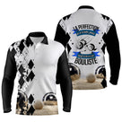 Polo pétanque blanc et noir damier variante coloris citation bouliste design contrasté sportif