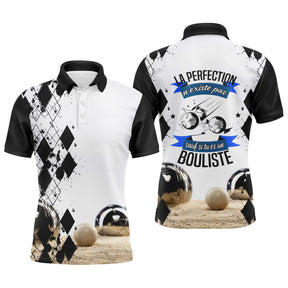 Polo pétanque blanc et noir damier message la perfection n'existe pas sauf si t'es un bouliste boules réalistes sable
