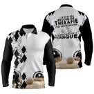Polo pétanque manches longues unisexe blanc noir argyle, lettrage humour pour bouliste passionné