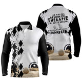 Polo pétanque manches longues unisexe blanc noir argyle, lettrage humour pour bouliste passionné