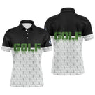 Polo de golf personnalisé homme bicolore noir et blanc texturé balle avec lettrage GOLF vert stylisé