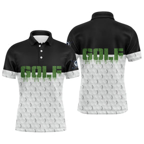 Polo de golf personnalisé homme bicolore noir et blanc texturé balle avec lettrage GOLF vert stylisé