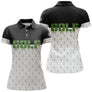 Polo de golf femme bicolore noir et blanc lettrage GOLF vert texture balle coupe ajustée féminine