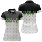 Polo de golf femme bicolore noir et blanc lettrage GOLF vert texture balle coupe ajustée féminine