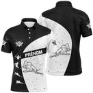 Polo billard noir et blanc homme avec silhouettes de joueurs de billard et points stylisés, prénom personnalisé