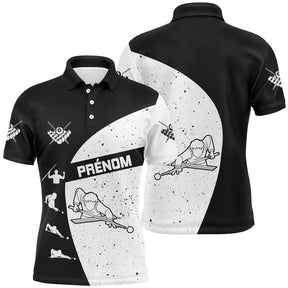 Polo billard noir et blanc homme avec silhouettes de joueurs de billard et points stylisés, prénom personnalisé