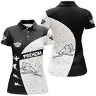 Polo billard noir et blanc femme avec figures de billardistes et points, prénom personnalisé