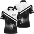 Polo billard noir et blanc homme avec silhouette de joueur en tir et inscription BILLARD, prénom personnalisé