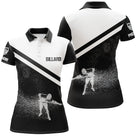 Polo billard noir et blanc femme avec billardiste tirant et BILLARD, prénom personnalisé